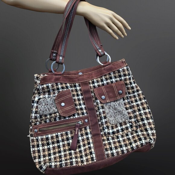 Y2K Brown Tweed Shoulder Bag Large Canvas Academia Fall Autumn Downtown Girl - Picture 1 of 13